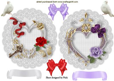 Jewelled Hearts with Bows and Roses on Doilies Toppers