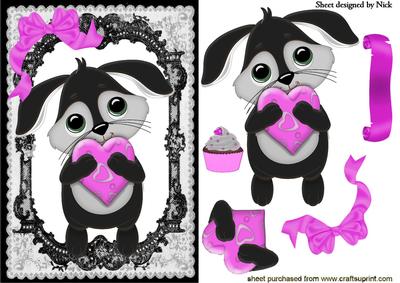 Cute Little Bunny with Heart in Black Lace Frame with Bow