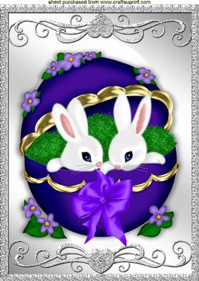 Cute Bunnies in Purple Ornate Egg with Bow A4