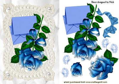 Blue Rose with Butterflies and Bow on Vintage Lace