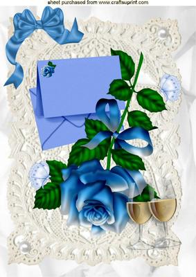 Blue Rose with Butterflies, Champers on Vintage Lace A4