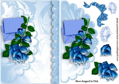 Scalloped Envelope with Pretty Blue Rose and Butterflies