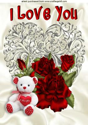 Luv U Bear with Silver Heart and Roses A4