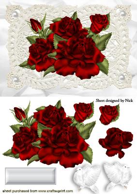 Red Roses White Doves on Vintage Lace with Pearls