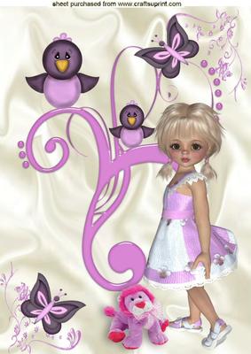 Little Girl with Tree Birds and Butterflies A4