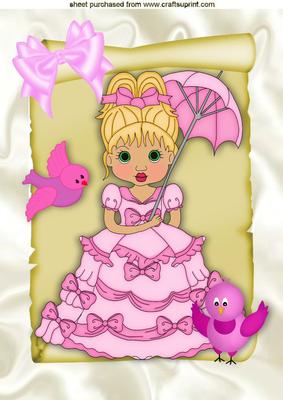 Little Victorian Lady Pretty in Pink with Little Birds A4