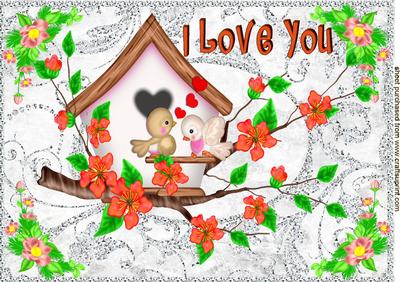Sweet Little Romantic Birdies in Bird House A4