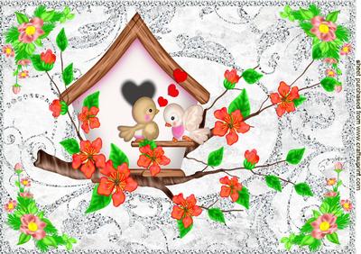 Two Little Love Birds with Pretty Flowers and Bird House A4