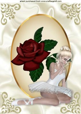 Pretty Ballerina with Red Rose in Oval Frame A4
