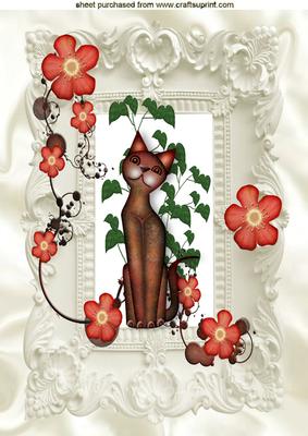 Steampunk Cat with Leaves and Flowers in Ornate Frame A4