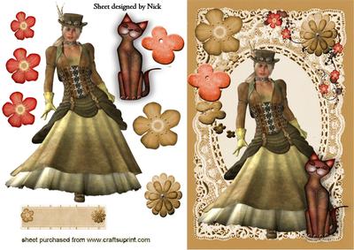 Steampunk Lady with Cat on Vintage Lace Frame