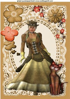 Steampunk Lady with Cat in Vintage Lace Frame A4