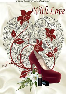 Red Shoe with Lipstick on a Silver Heart A4