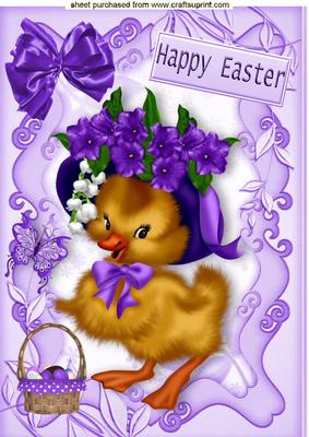 Easter Duckling with Purple Flower Bonnet and Eggs A4