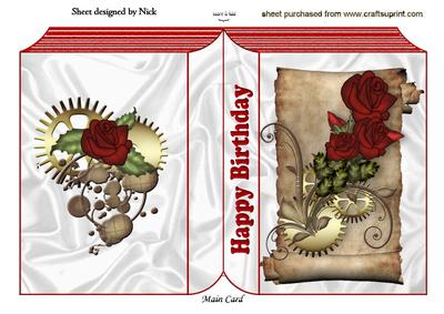 Steampunk Red Roses on a Vintage Scroll Folded Book