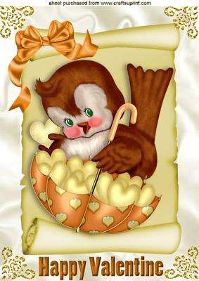 Little Brown Bird with Hearts Umberella on a Scroll A4