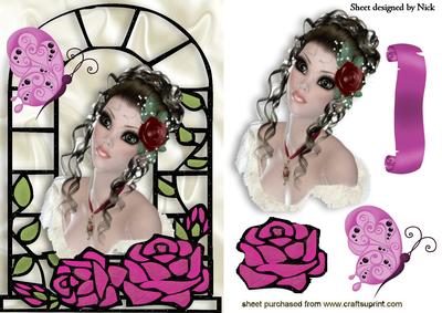 Pretty Lady with Ornate Window, and Butterfly