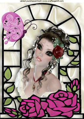 Pretty Lady with Ornate Window and Butterfly A4