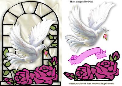 Beautiful White Dove with Pink Roses in Window A5