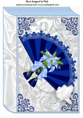 Ladies Blue Lace Fan with Flowers on Folded Book A4