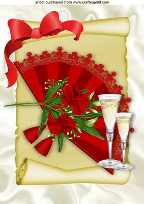 Champagne and Glasses with Red Lace Fan on a Scroll A4