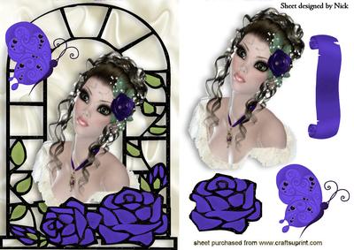 Pretty Lady with Purple Roses in Window Frame
