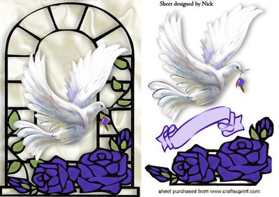 Purple Roses with White Dove in Window Frame