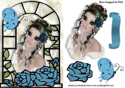 Lady with Turq Roses in Window Frame