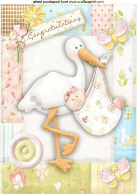 Baby Girl with Stork in Patchwork Frame A4