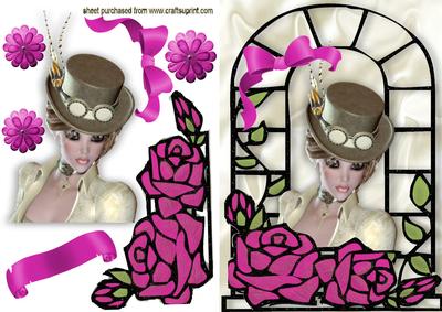 Steampunk Lady with Pink Roses in Window Frame