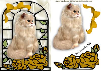 Gold Roses with Fluffy Cat in Window Frame