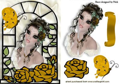Pretty Lady in Window Frame with Gold Roses