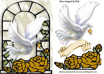 Gold Roses with Dove in Window Frame
