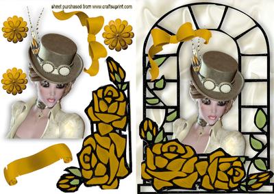 Steampunk Lady in Window Frame with Gold Roses