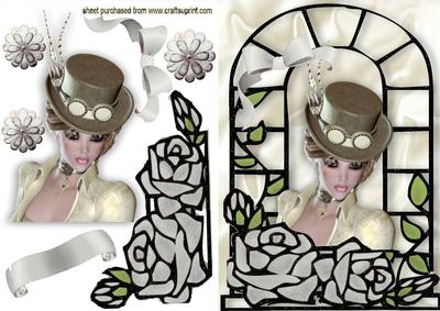 Pretty Steampunk Lady with Silver Roses in Window Frame