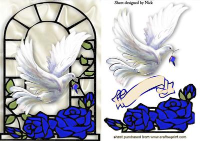 Blue Roses with Dove in Window Frame