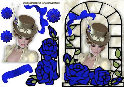 Steampunk Lady with Blue Roses in Window Frame