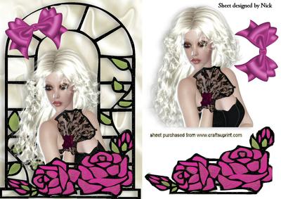 Pretty Lady with Pink Roses in Window Frame