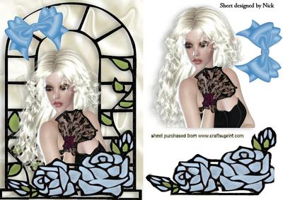 Pretty Lady with Pale Blue Roses in Window Frame