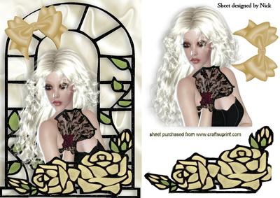 Pretty Lady with Pale Cream Roses in Window Frame