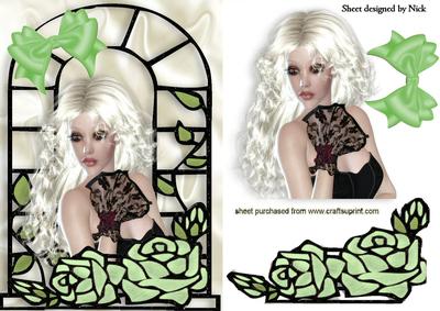 Pretty Lady with Mint Green Roses in Window Frame