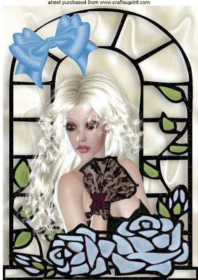 Pretty Lady with Pale Blue Roses in Window Frame A4