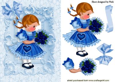 Sweet Little Girl with Blue Roses and Bow