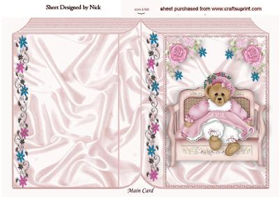 Teddy in Pretty Bonnet and Flowers on a Bench, Folded Book