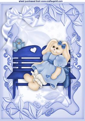 Bunny Girl Sitting on a Bench with Blue Bird A4