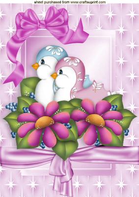 Little Birds with Flowers and Bow in Star Frame A4