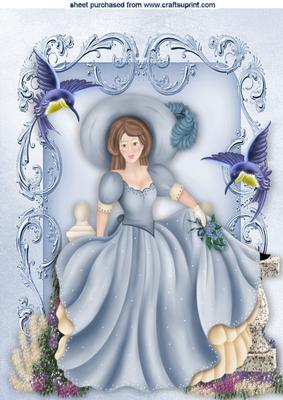 Pretty Lady in Blue with Pretty Birds in a Garden A4
