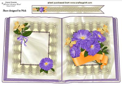 Purple Flowers with Bow and Butterflies on Lace Open Book A4