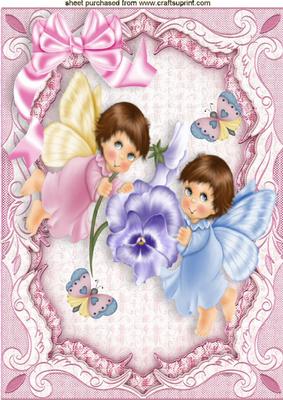 Little Fairies with Pansy and Butterflies in Lace Frame A4