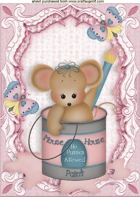 Little House Mouse Painting with Butterflies in Lace Frame